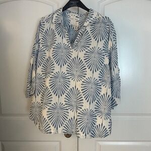 Joie Womens 2X Blue White Linen Palm Print Tunic Top V-Neck 3/4 Sleeve Blouse
